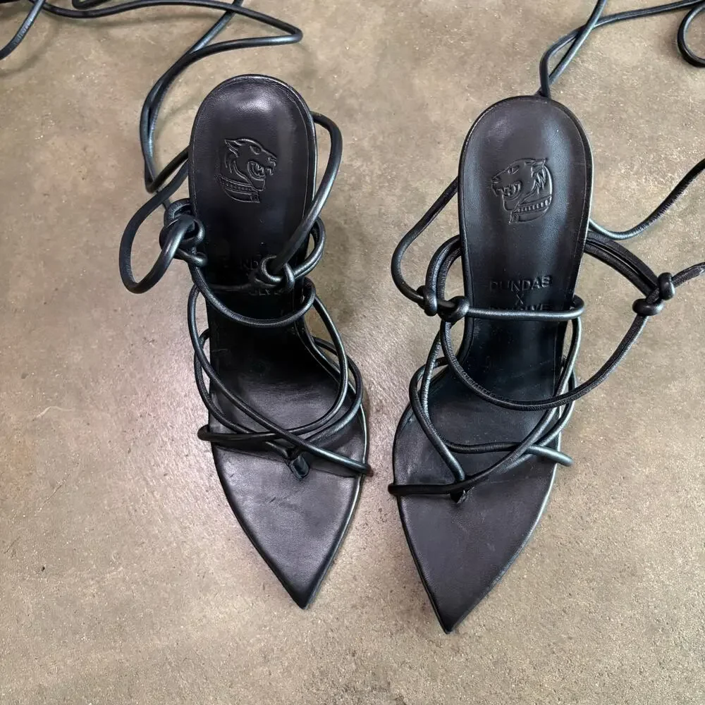 DUNDAS x REVOLVE Black Leather Iggy Lace Up Wrap Pointed Toe Heels SZ 8.5